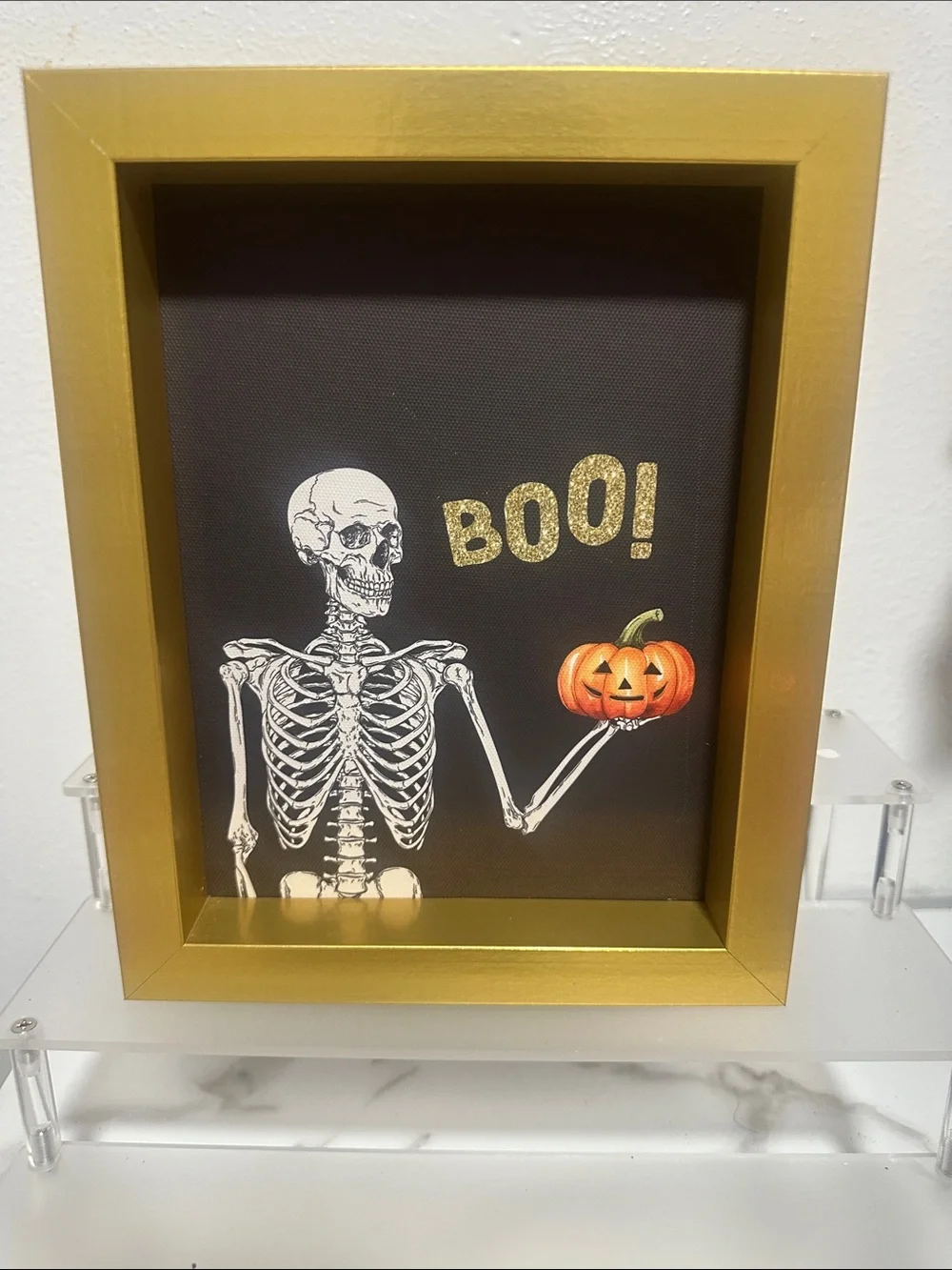 Gold Frame Halloween Skeleton Wall Art with Pumpkin - Boo!
